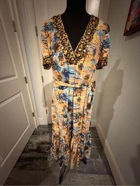 LE Superbe Beaded V-Neck Tropical Print Wrap Maxi Dress in Peach Blue